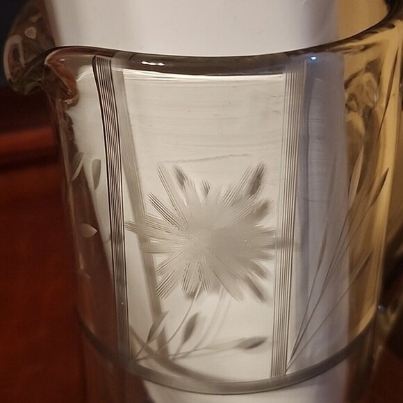 Vintage Glass Clear Pitcher Floral etched Silver Accent Heavy - Picture 10 of 12